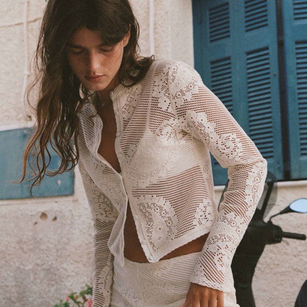 With Jean White Crochet Button-Down Top